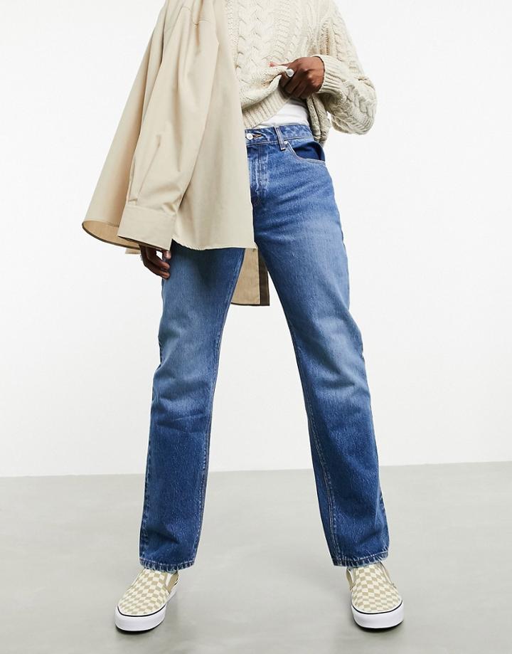 Asos Design Original Fit Jeans With 'less Thirsty' Wash In Mid Blue-blues