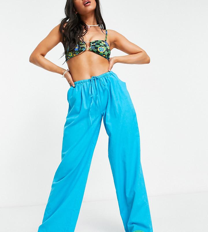 Collusion Linen Low Rise Beach Pants In Blue