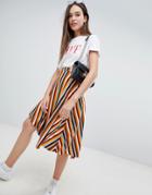 Bershka Striped Asymmetric Skirt In Red - Red