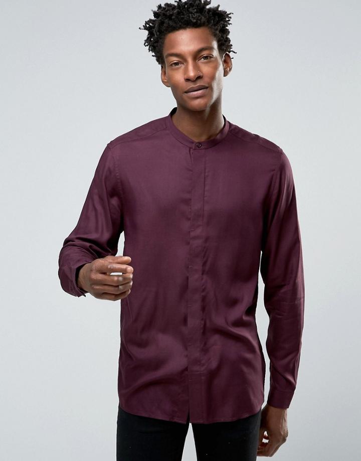 Asos Viscose Shirt In Burgundy With Grandad Collar - Red