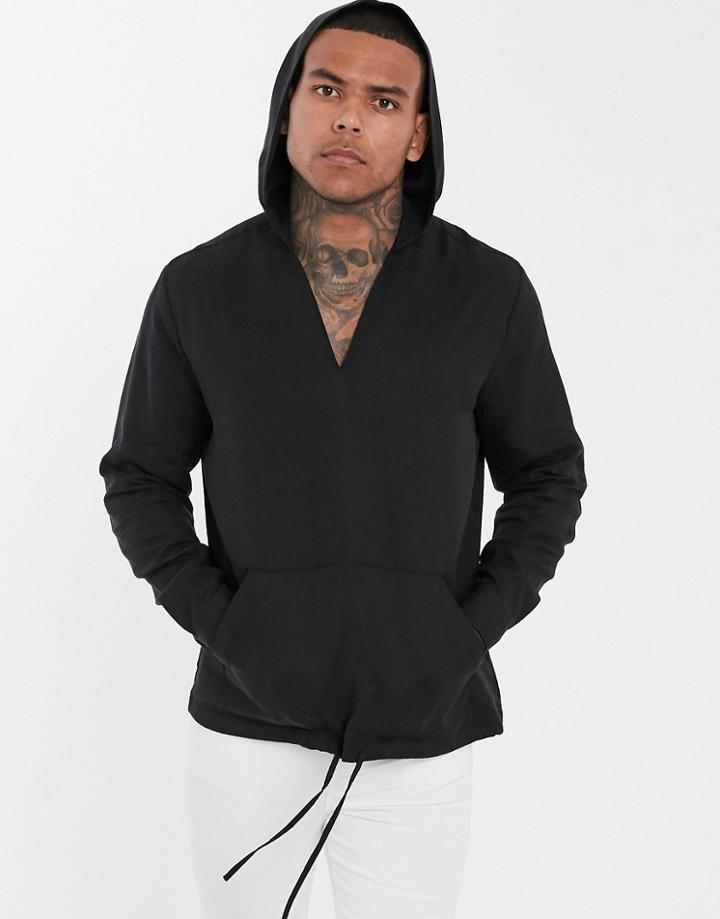 Asos Design Relaxed Fit Overhead Shirt With Hood In Longline-black