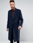 Asos Wool Mix Overcoat With Military Styling In Navy - Navy