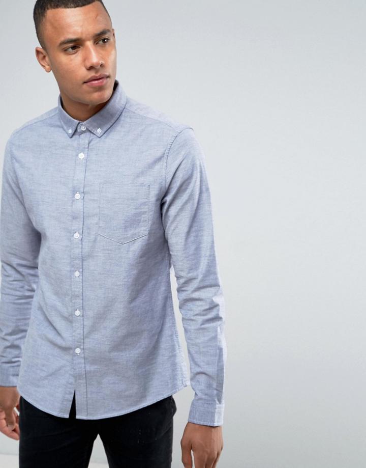 Asos Casual Stretch Slim Oxford Shirt In Blue - Blue