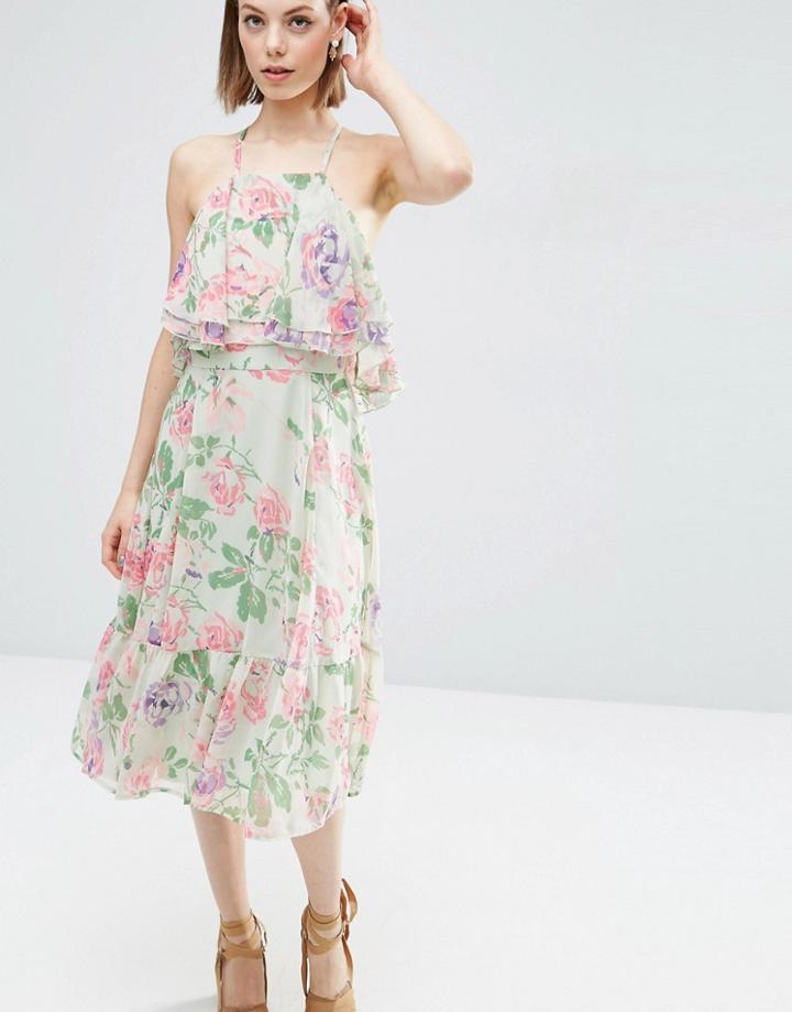 Asos Floral Ruffle Top And Ruffle Hem Midi Dress - Multi