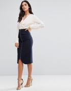 Vesper Zip Front Midi Skirt With Pocket Detail - Navy