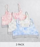 River Island Plus Tie Dye 3 Pack Bralettes In Pink, White And Blue - Part Of A Set-blues