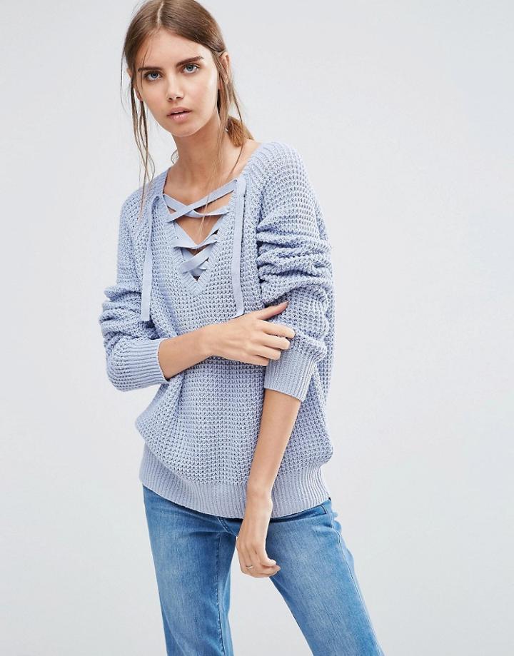 Vila Lace Up Knit Jumper - Blue