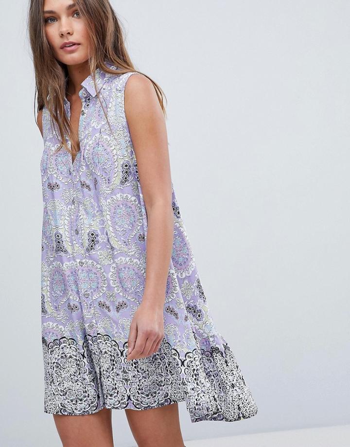 En Creme Sleeveless Button Up Collar Floral Dress - Purple