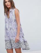 En Creme Sleeveless Button Up Collar Floral Dress - Purple