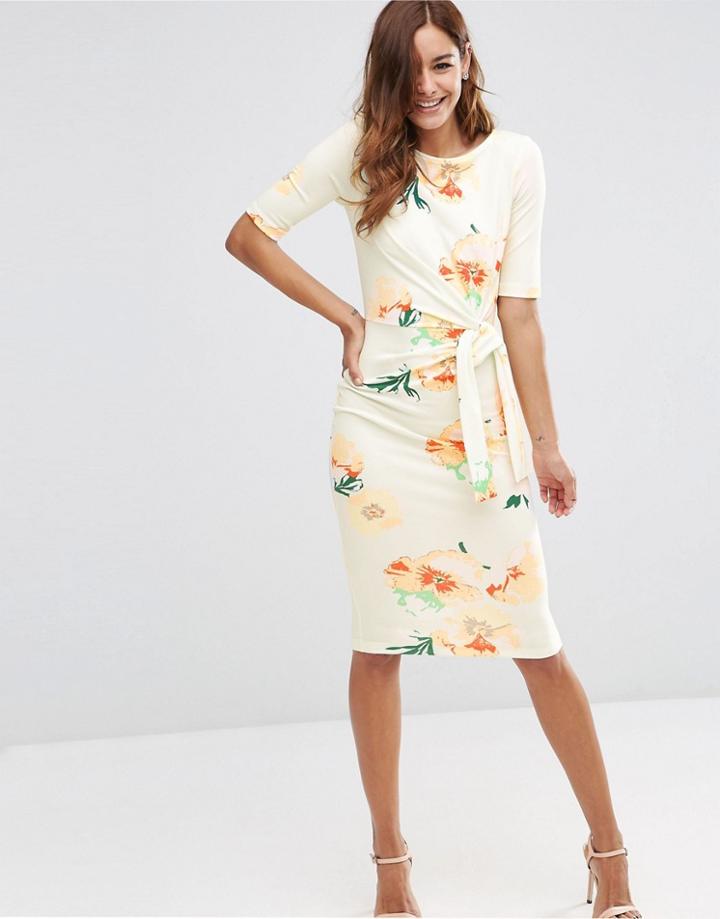 Asos Midi Pencil Dress With Knot Detail In Floral Print - Multi