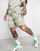 Asos Dark Future Relaxed Short With Logo Print In Khaki Tie Dye - Part Of A Set-green