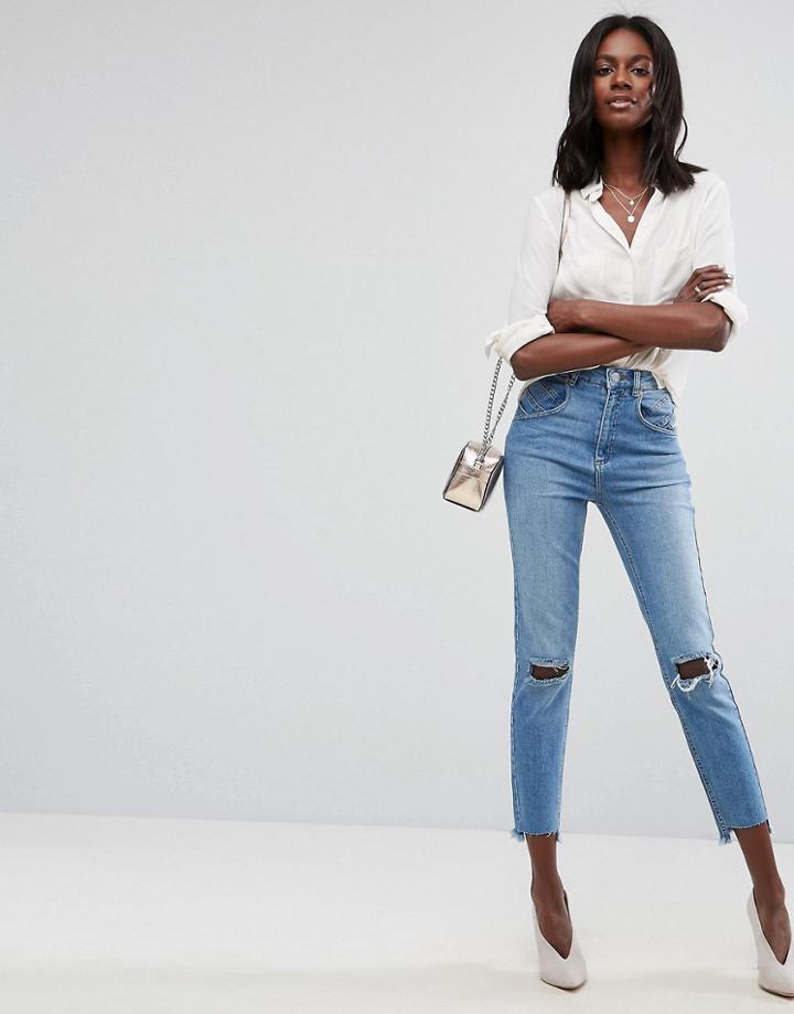 Asos Farleigh High Waist Slim Mom Jeans With Panel Seams And Busted Knees In Prince Wash - Blue