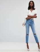Asos Farleigh High Waist Slim Mom Jeans With Panel Seams And Busted Knees In Prince Wash - Blue