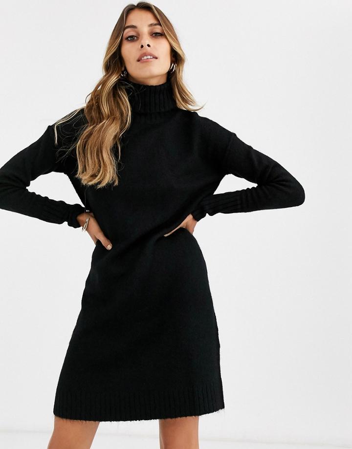 Vero Moda Knitted Roll Neck Mini Dress In Black