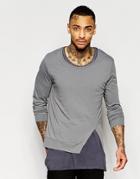Asos Longline Long Sleeve T-shirts With Assymetric Split Hem - Gray