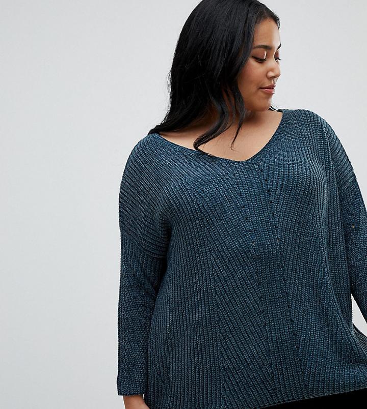 Brave Soul Plus Sahara V Neck Sweater In Chenille-green