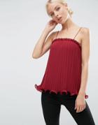 Asos Pleated Cami Top With Ruffle Hem - Red