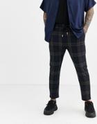Only & Sons Elastic Waist Large Check Pants In Navy