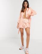 River Island Frill Sheen Two-piece Shorts In Coral-pink