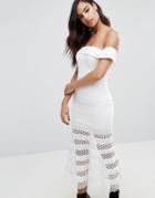 Jarlo Kavita Bardot Midi Dress With Sheer Stripe Skirt - White