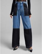 Bershka Patchwork Wide Leg Carpenter Jeans In Blue And Black-multi