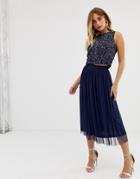 Lace & Beads Shirred Waistband Tulle Midi Skirt Two-piece In Navy - Navy