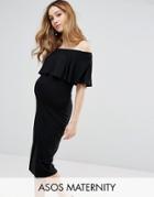 Asos Maternity Midi Bardot Pencil Dress With Ruffle - Black