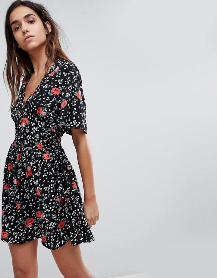 Missguided Floral Tie Back Skater Dress - Black