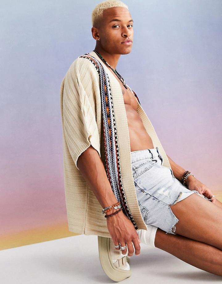 Asos Design Textured Kimono With Pattern Fringing-multi