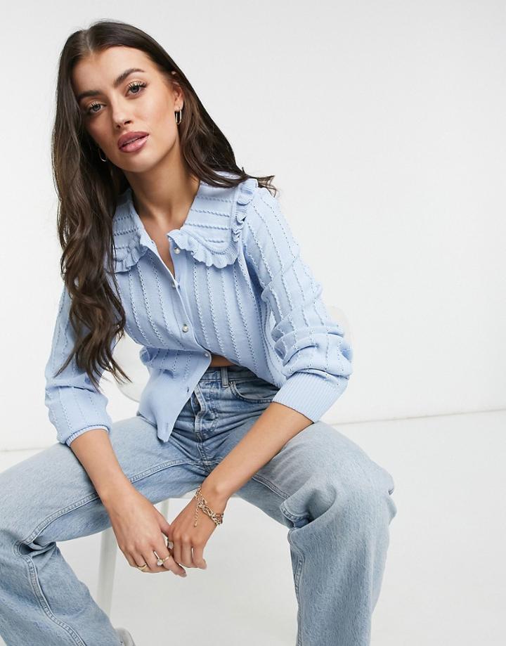 Y.a.s Ribbed Cardigan With Ruffly Prairie Collar In Blue-blues