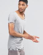 Asos Longline Muscle T-shirt With Heavy Distressing In Gray - Gray Marl