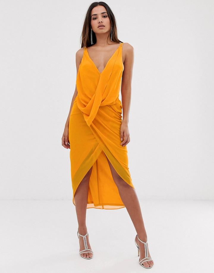 Asos Design Midi Dress In Soft Chiffon Drape With Wrap Neck - Multi