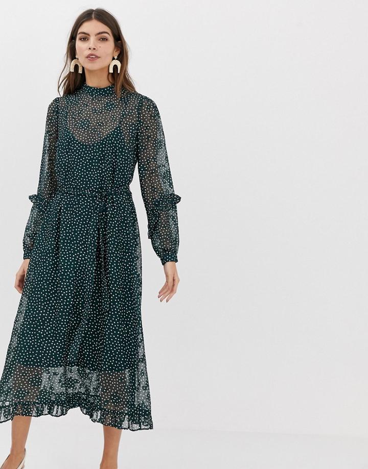 Y.a.s Highneck Frill Detail Midi Dress - Green