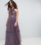 Needle & Thread High Neck Embroidered Maxi Gown In Purple - Purple