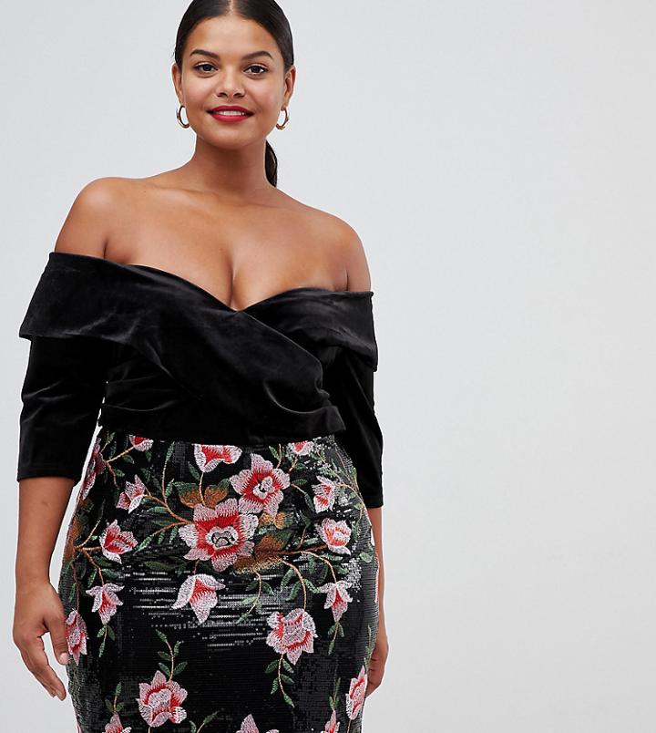 Lovedrobe Velvet Bardot Dress With Sequin Floral Skirt - Multi