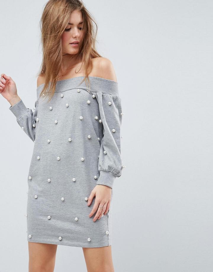 Asos Off Shoulder Mini Sweat Dress With Pearl Details-gray