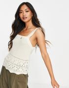 Vero Moda Knitted Tank Top With Crochet Hem In Cream-white