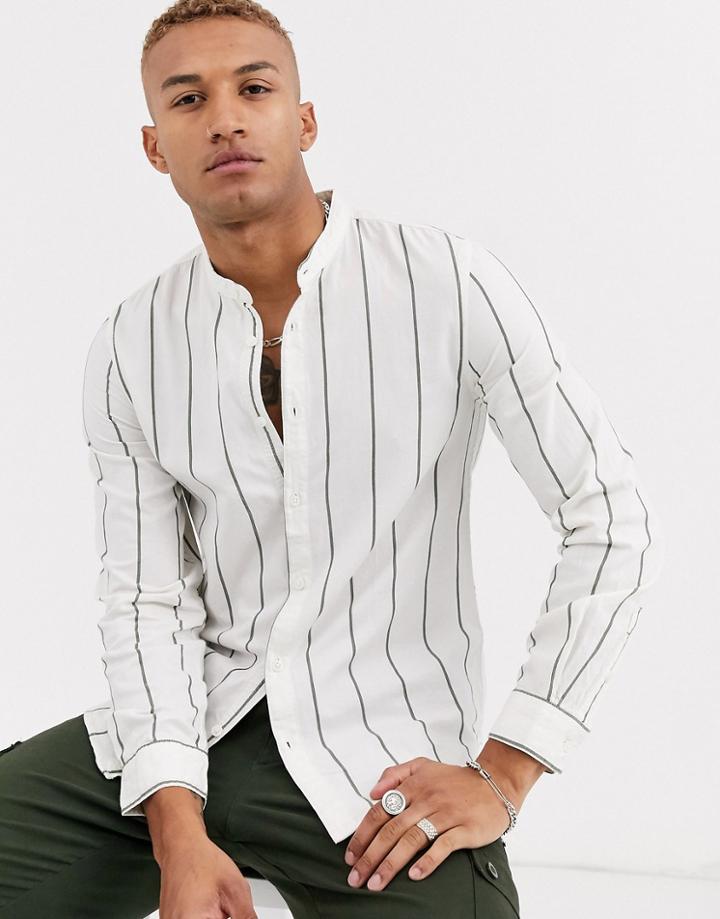 Bershka Grandad Shirt With Vertical Stripe In Ecru-cream