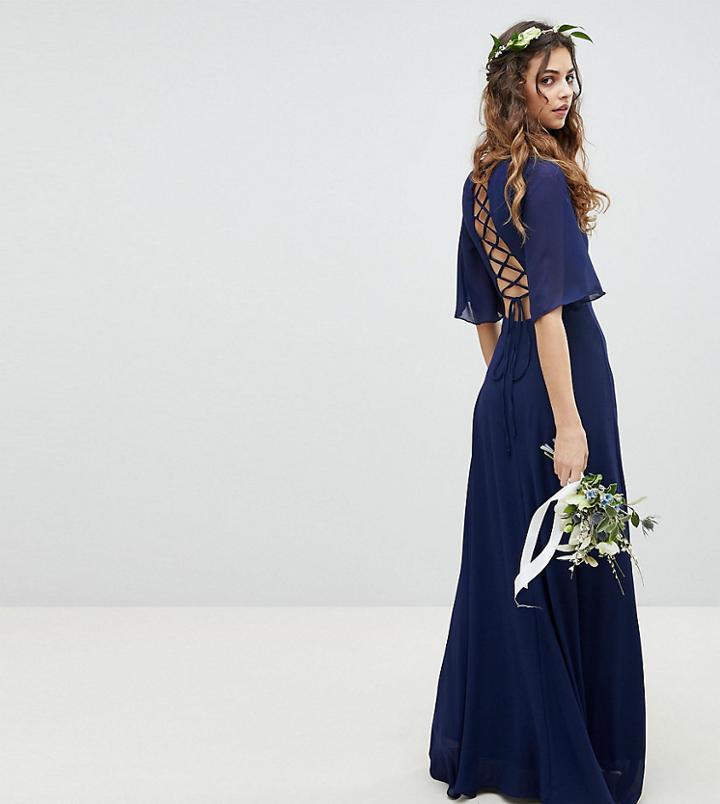 Tfnc Lace Up Back Maxi Bridesmaid Dress With Flutter Sleeve - Navy