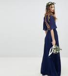 Tfnc Lace Up Back Maxi Bridesmaid Dress With Flutter Sleeve - Navy