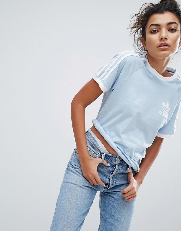 Adidas Originals Blue Three Stripe Boyfriend T-shirt - Blue