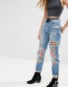 Asos Original Mom Jeans In Mid Stonewash With Floral Embroidery And Rips - Mid Stonewash