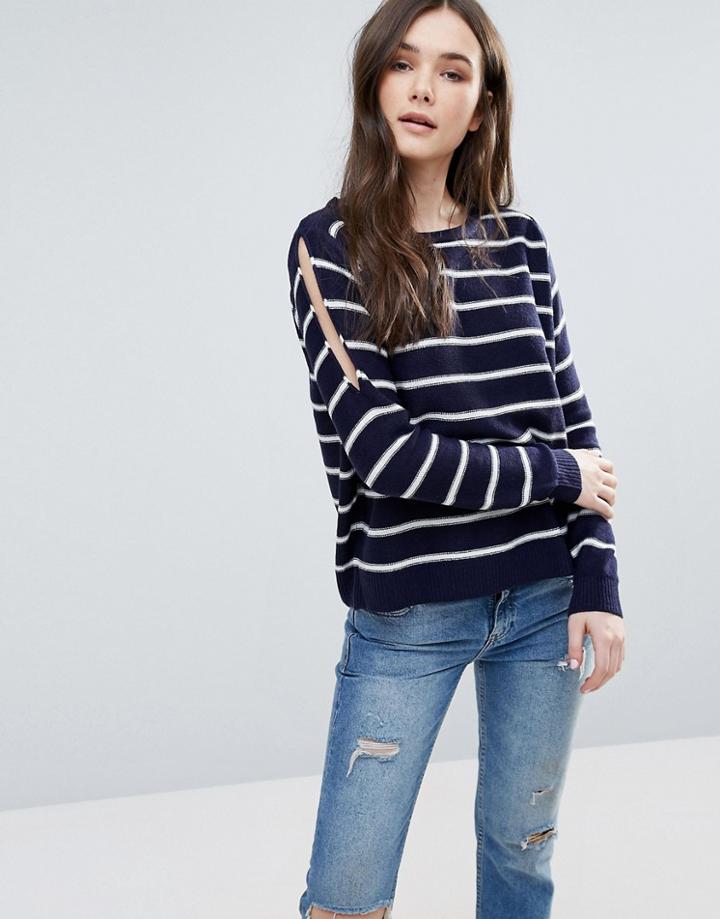Brave Soul Stripe Cold Shoulder Sweater - Navy