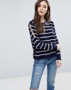 Brave Soul Stripe Cold Shoulder Sweater - Navy