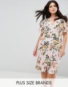 Closet London Plus Floral Print Dress With Frill Sleeve - Pink