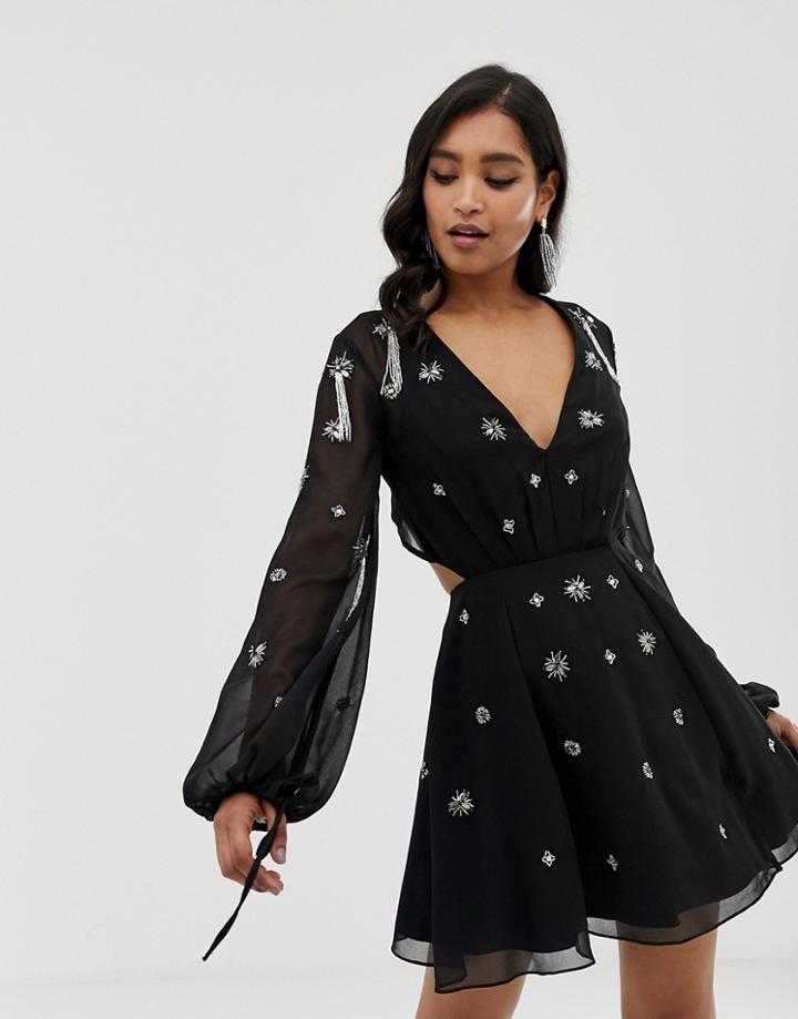 Asos Design Long Sleeve Mini Dress With Cluster Embellishment - Black