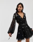 Asos Design Long Sleeve Mini Dress With Cluster Embellishment - Black