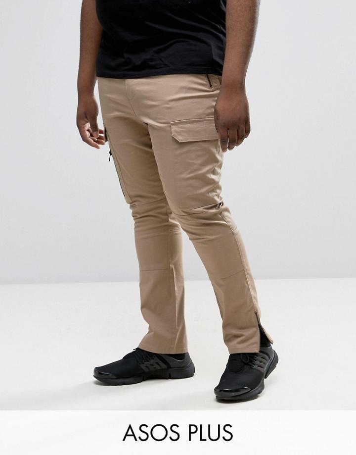 Asos Plus Super Skinny Fit Pants With Zip Cargo Pockets In Stone - Stone
