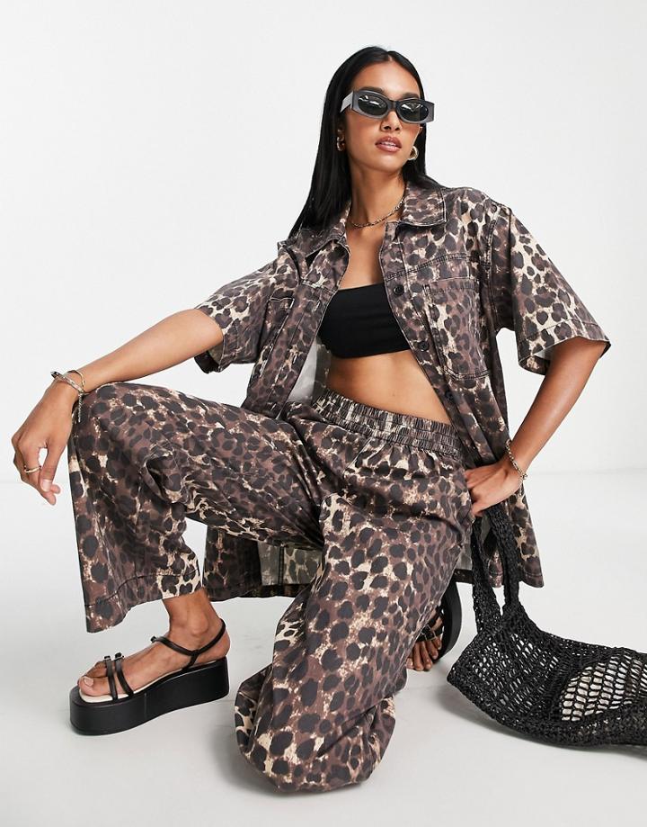 Topshop Mid Rise Pull On Lightweight Leopard Print Wide Leg Pants In Brown - Part Of A Set