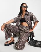 Topshop Mid Rise Pull On Lightweight Leopard Print Wide Leg Pants In Brown - Part Of A Set